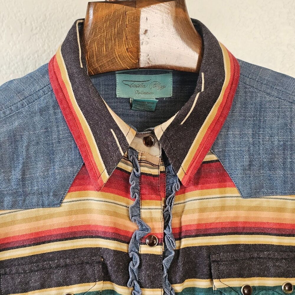 Tasha Polizzi Collection Western Serape Blanket Stripe Denim Ruffle Shirt Large